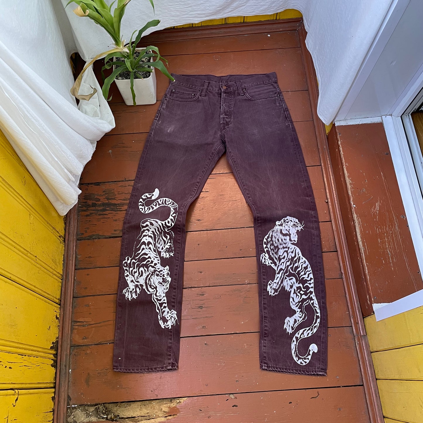 Custom Carhartt Brown Pants – White Twin Tigers Print | Vintage Workwear 1 of 1