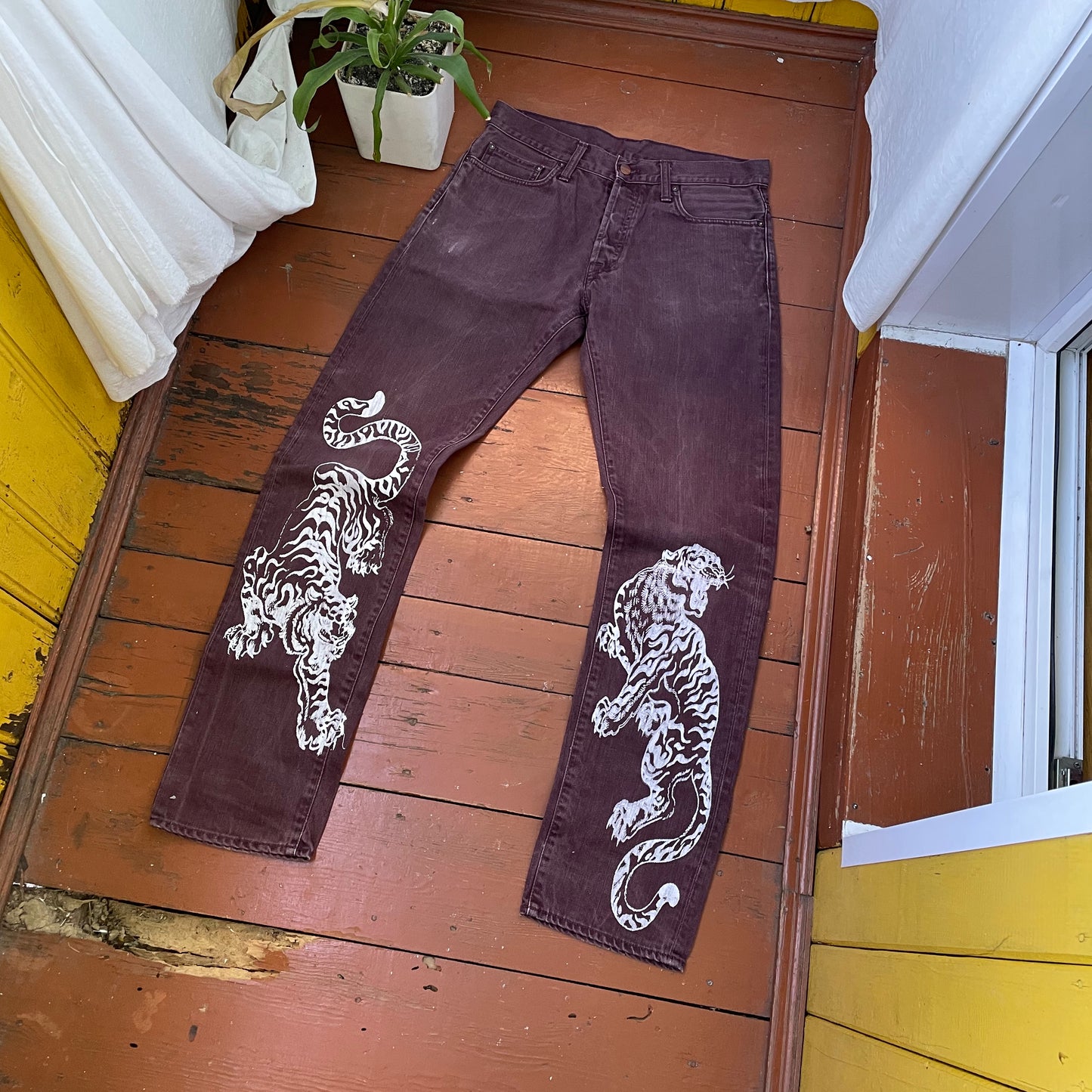 Custom Carhartt Brown Pants – White Twin Tigers Print | Vintage Workwear 1 of 1