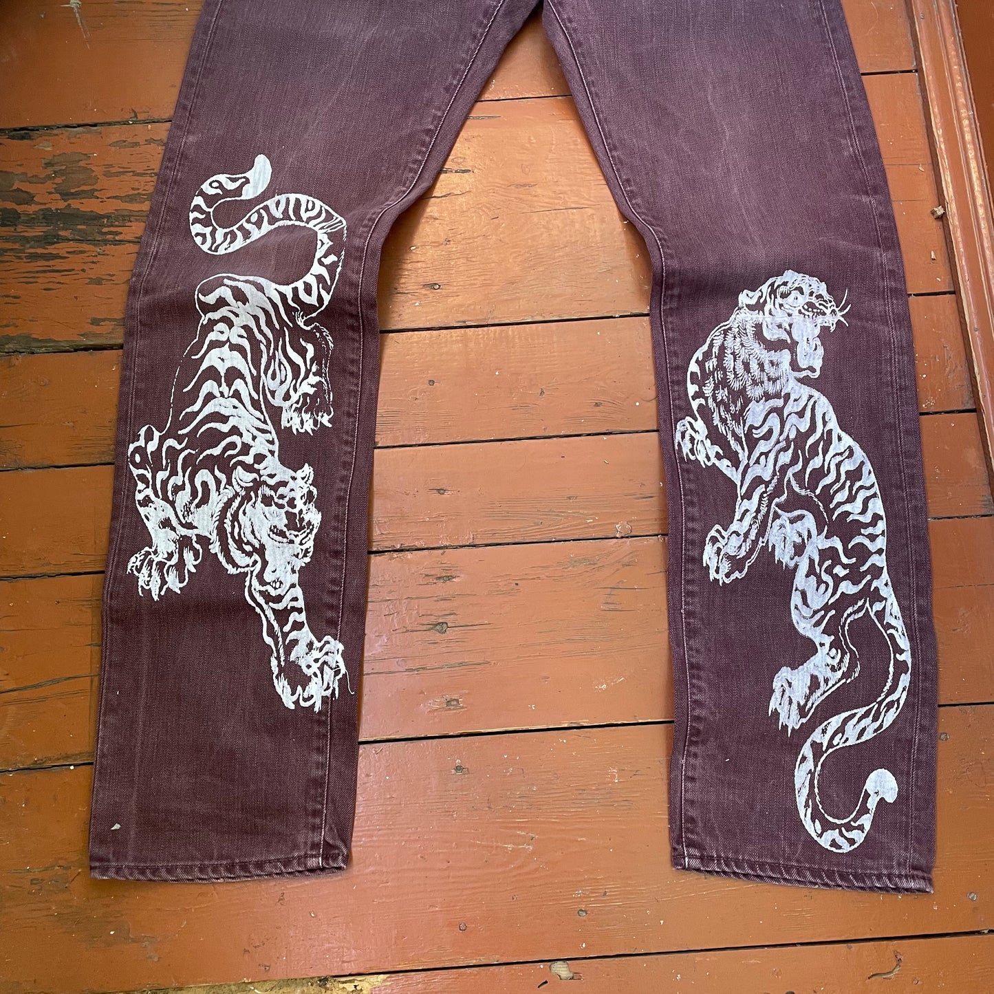 Custom Carhartt Brown Pants – White Twin Tigers Print | Vintage Workwear 1 of 1
