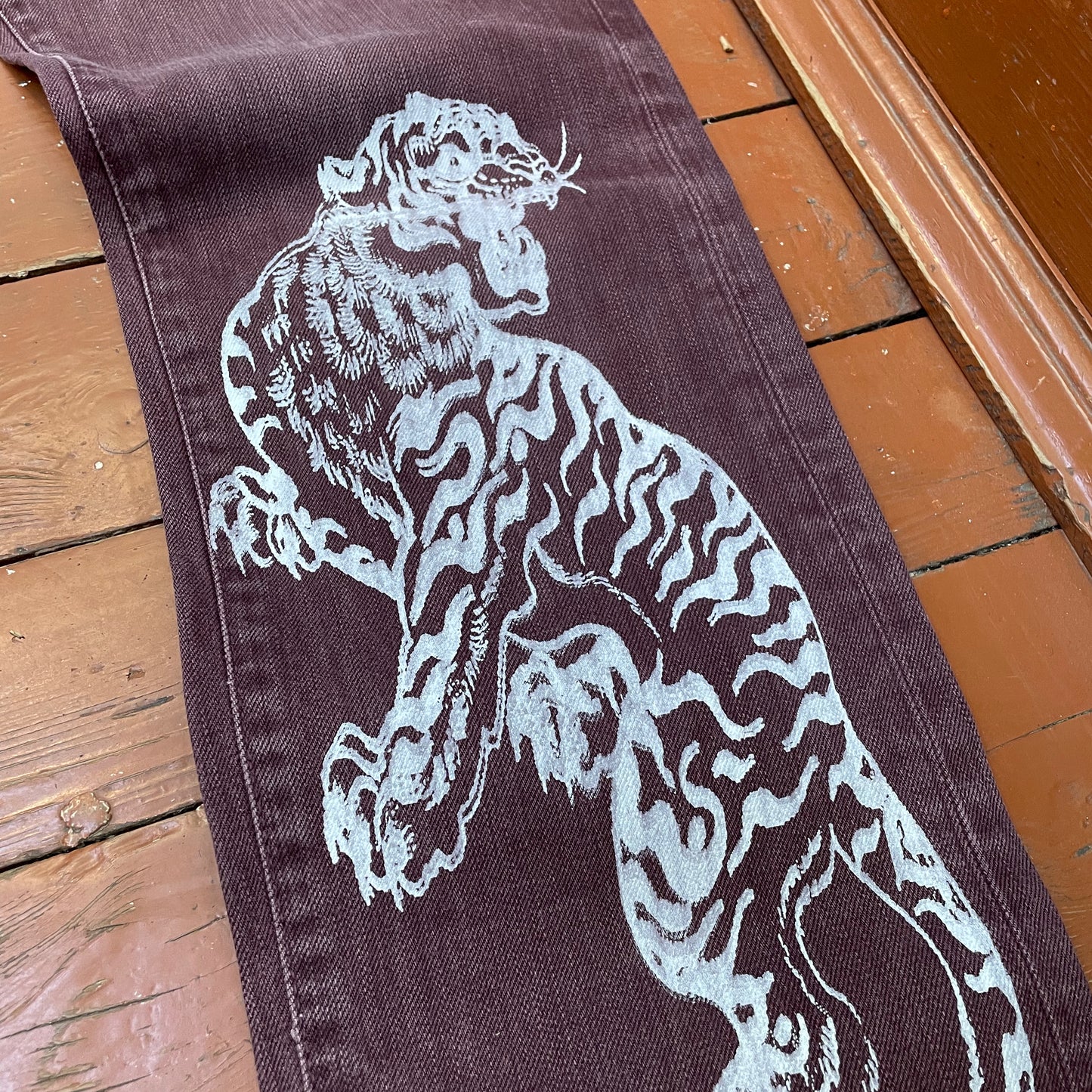 Custom Carhartt Brown Pants – White Twin Tigers Print | Vintage Workwear 1 of 1