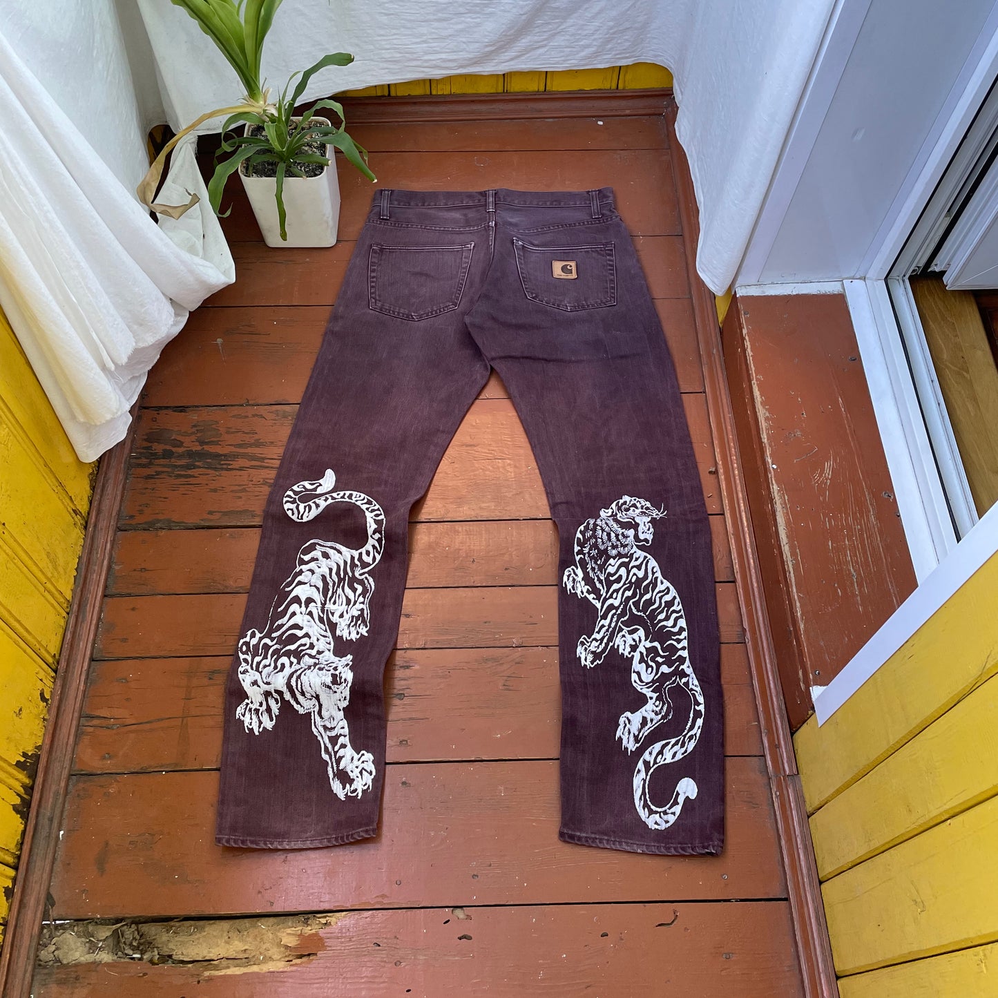 Custom Carhartt Brown Pants – White Twin Tigers Print | Vintage Workwear 1 of 1