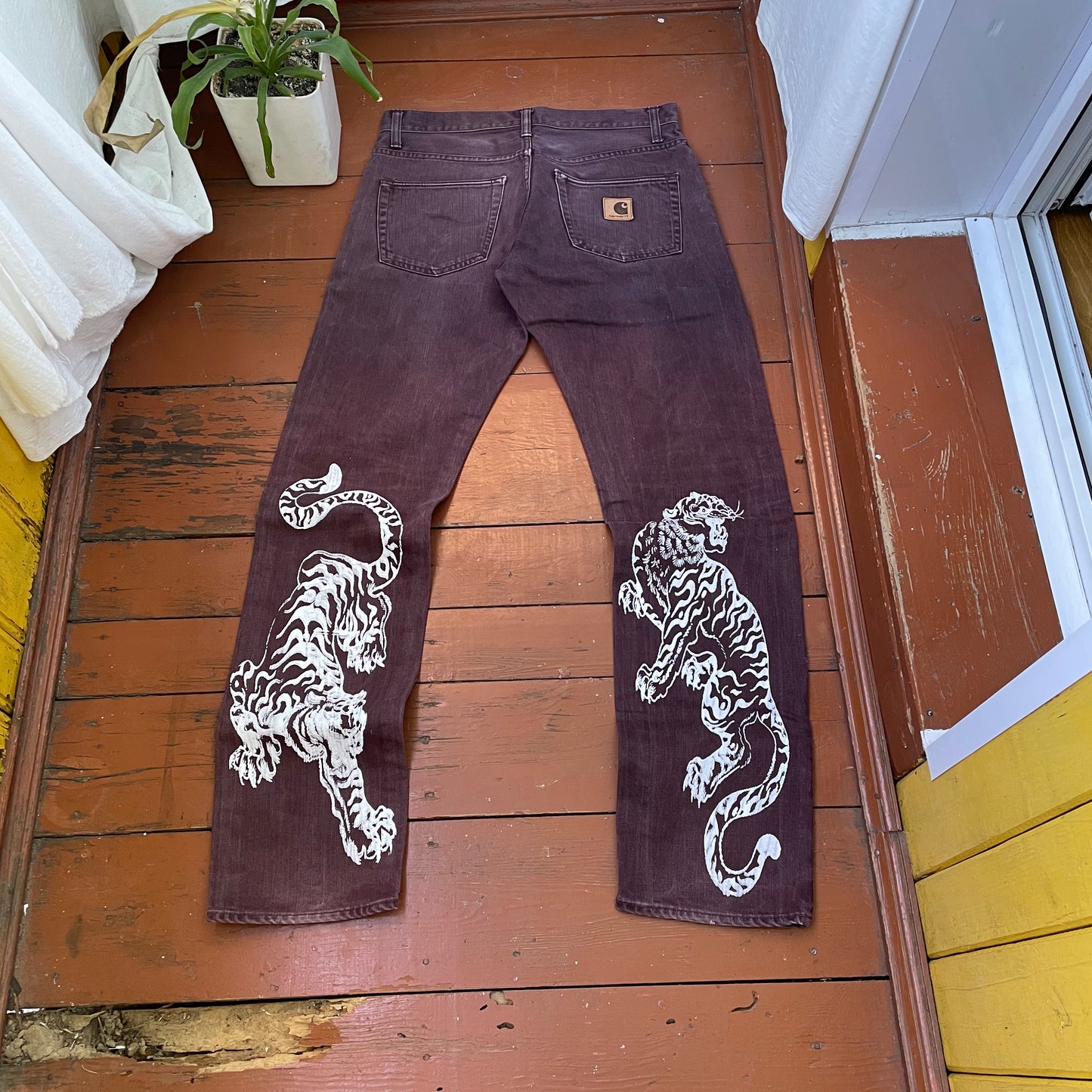 Custom Carhartt Brown Pants – White Twin Tigers Print | Vintage Workwear 1 of 1