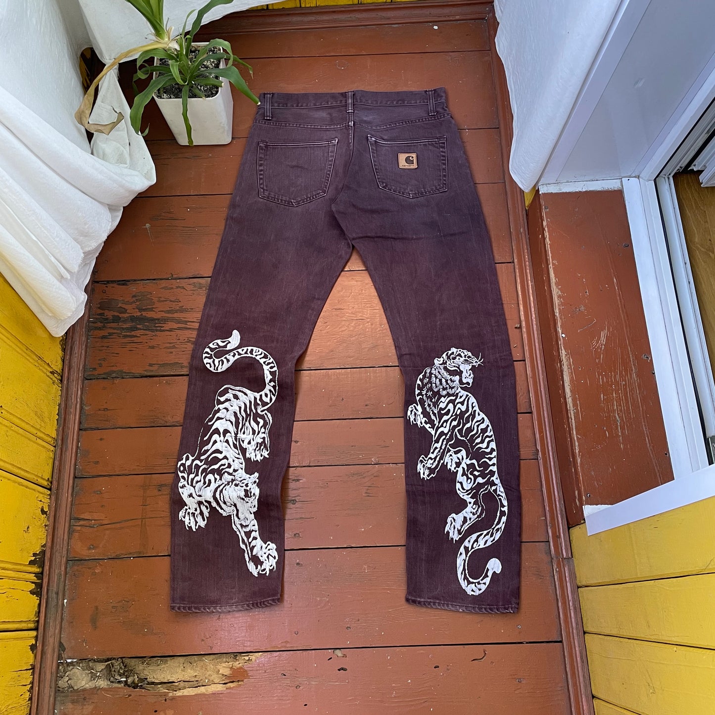 Custom Carhartt Brown Pants – White Twin Tigers Print | Vintage Workwear 1 of 1