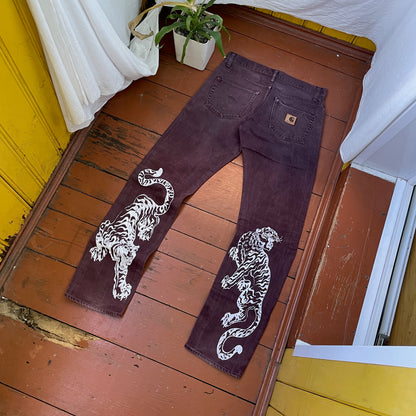 Custom Carhartt Brown Pants – White Twin Tigers Print | Vintage Workwear 1 of 1