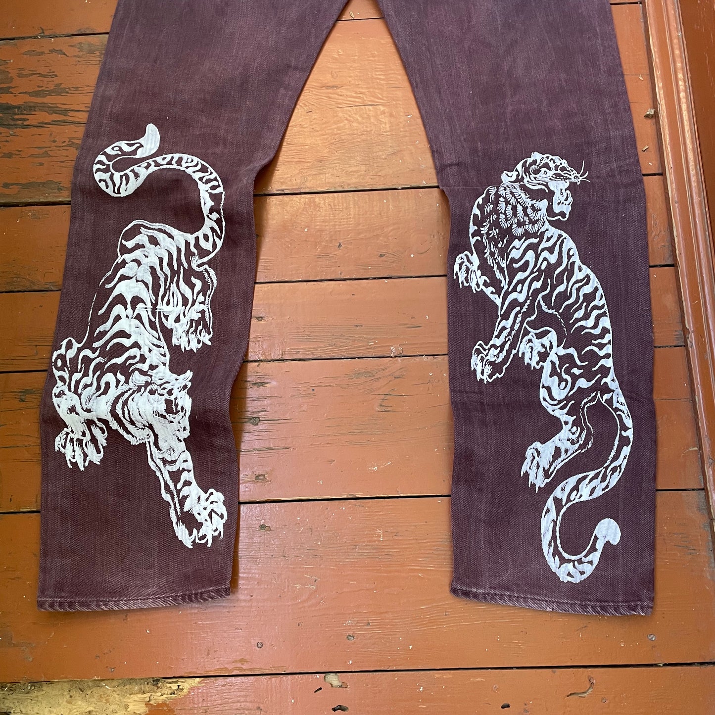Custom Carhartt Brown Pants – White Twin Tigers Print | Vintage Workwear 1 of 1
