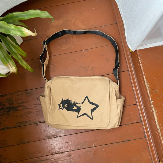 Custom Canvas Shoulder Bag – Beige Messenger with Black Stars | Reworked Streetwear 1 of 1