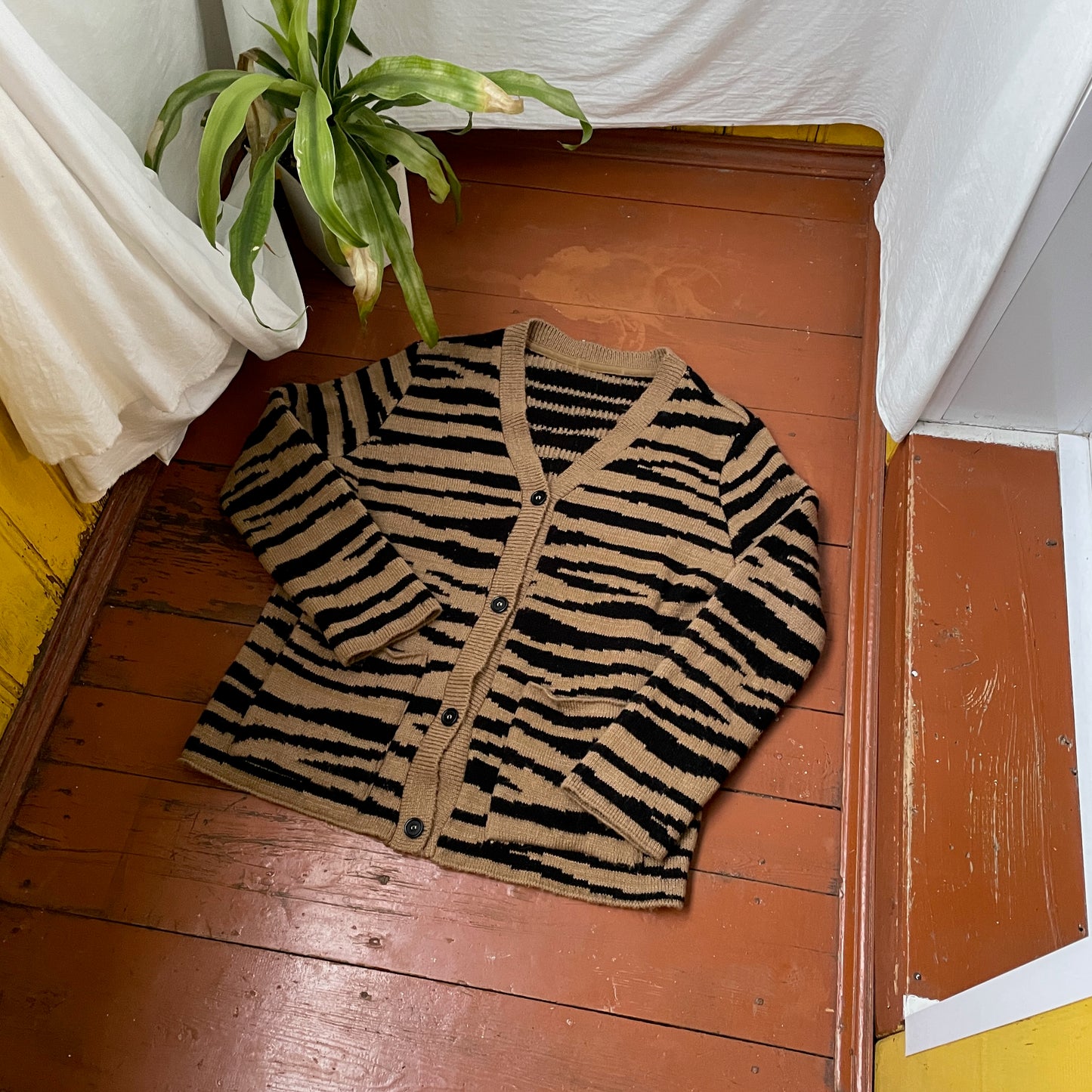 Tiger Stripe Knit Cardigan – Unisex Y2K Grunge Sweater | Black & Beige Knitwear 1 of 1 Look