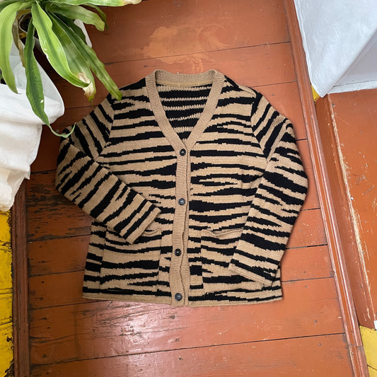Tiger Stripe Knit Cardigan – Unisex Y2K Grunge Sweater | Black & Beige Knitwear 1 of 1 Look