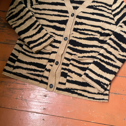 Tiger Stripe Knit Cardigan – Unisex Y2K Grunge Sweater | Black & Beige Knitwear 1 of 1 Look