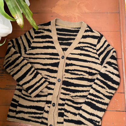 Tiger Stripe Knit Cardigan – Unisex Y2K Grunge Sweater | Black & Beige Knitwear 1 of 1 Look
