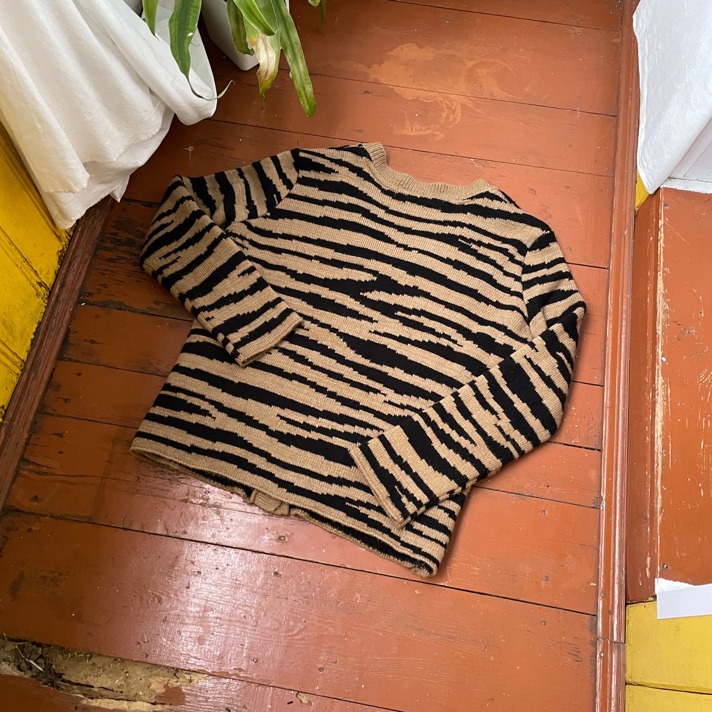 Tiger Stripe Knit Cardigan – Unisex Y2K Grunge Sweater | Black & Beige Knitwear 1 of 1 Look