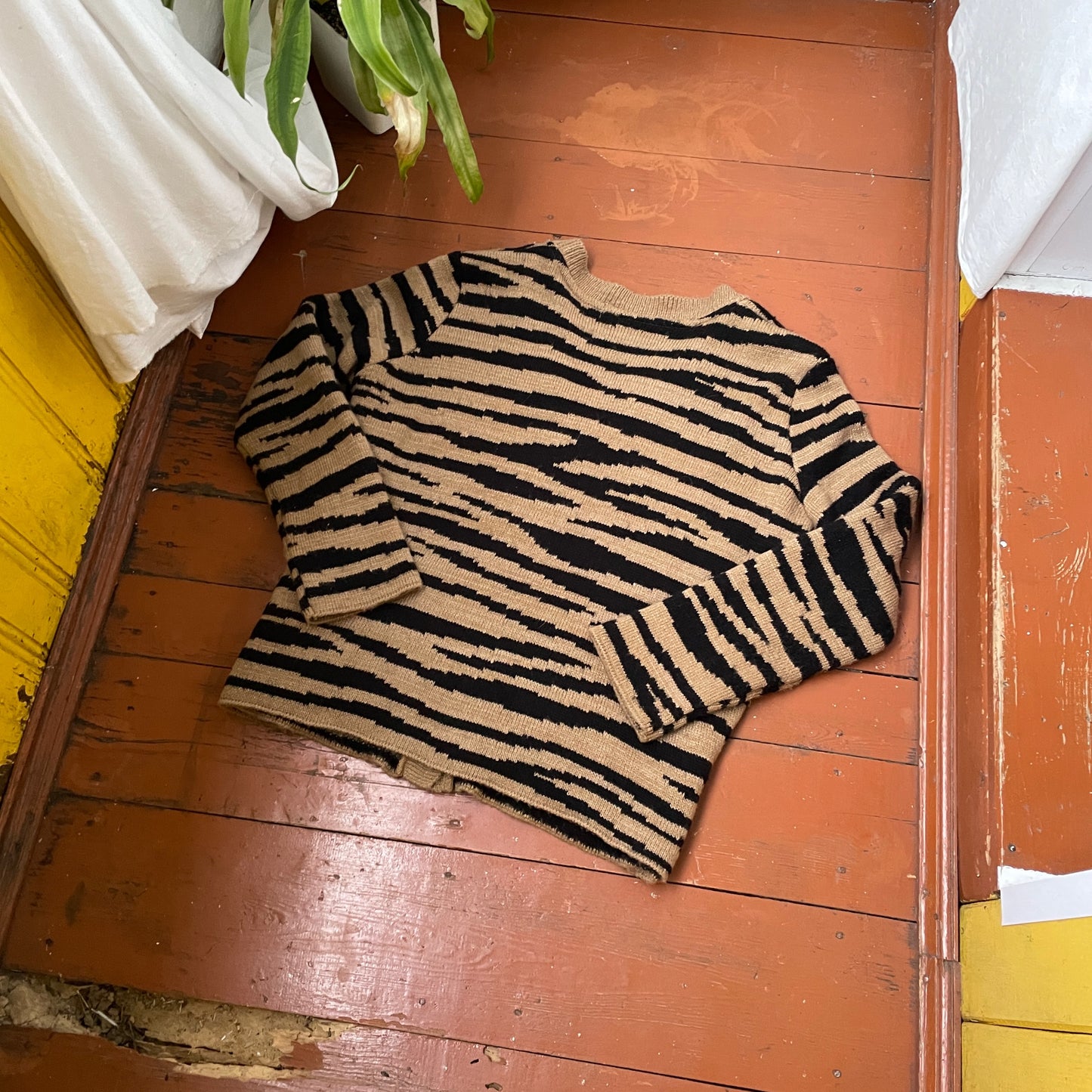 Tiger Stripe Knit Cardigan – Unisex Y2K Grunge Sweater | Black & Beige Knitwear 1 of 1 Look