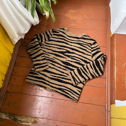 Tiger Stripe Knit Cardigan – Unisex Y2K Grunge Sweater | Black & Beige Knitwear 1 of 1 Look
