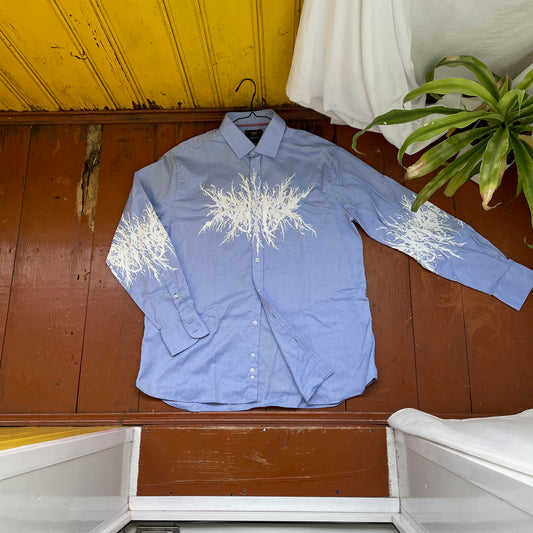 Custom M&S Button-Up Shirt – White Abstract Roots on Light Blue | Reworked Formal Shirt 1 of 1