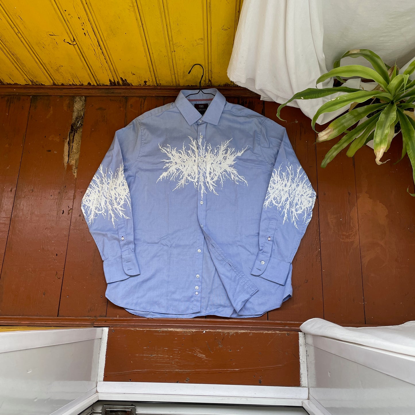 Custom M&S Button-Up Shirt – White Abstract Roots on Light Blue | Reworked Formal Shirt 1 of 1