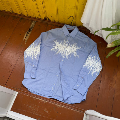Custom M&S Button-Up Shirt – White Abstract Roots on Light Blue | Reworked Formal Shirt 1 of 1