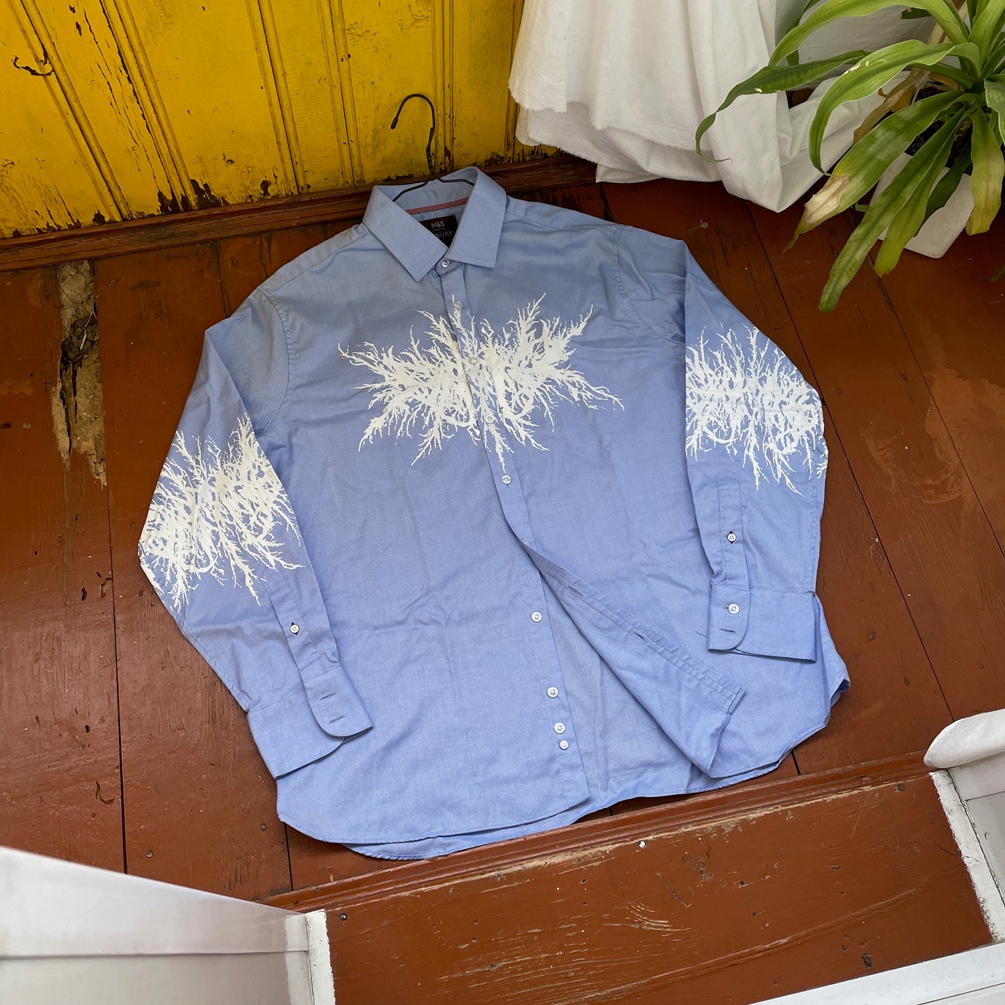 Custom M&S Button-Up Shirt – White Abstract Roots on Light Blue | Reworked Formal Shirt 1 of 1