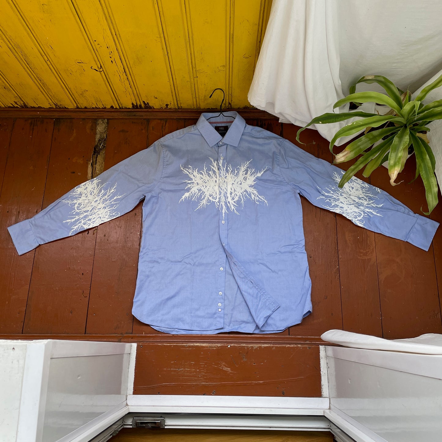 Custom M&S Button-Up Shirt – White Abstract Roots on Light Blue | Reworked Formal Shirt 1 of 1
