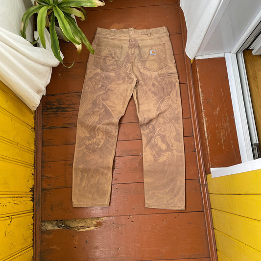 Custom Carhartt Renaissance Pants – Religious Bleached Print | Vintage Canvas 1 of 1