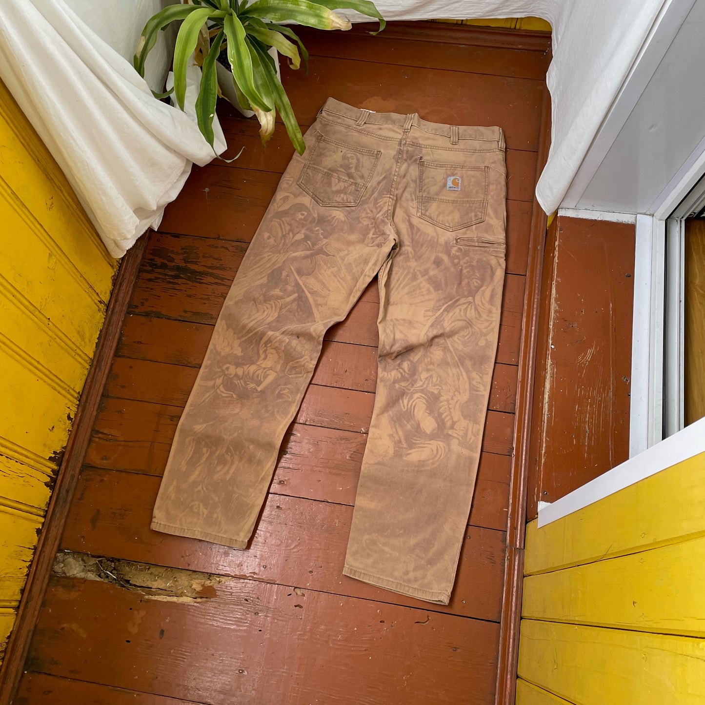 Custom Carhartt Renaissance Pants – Religious Bleached Print | Vintage Canvas 1 of 1