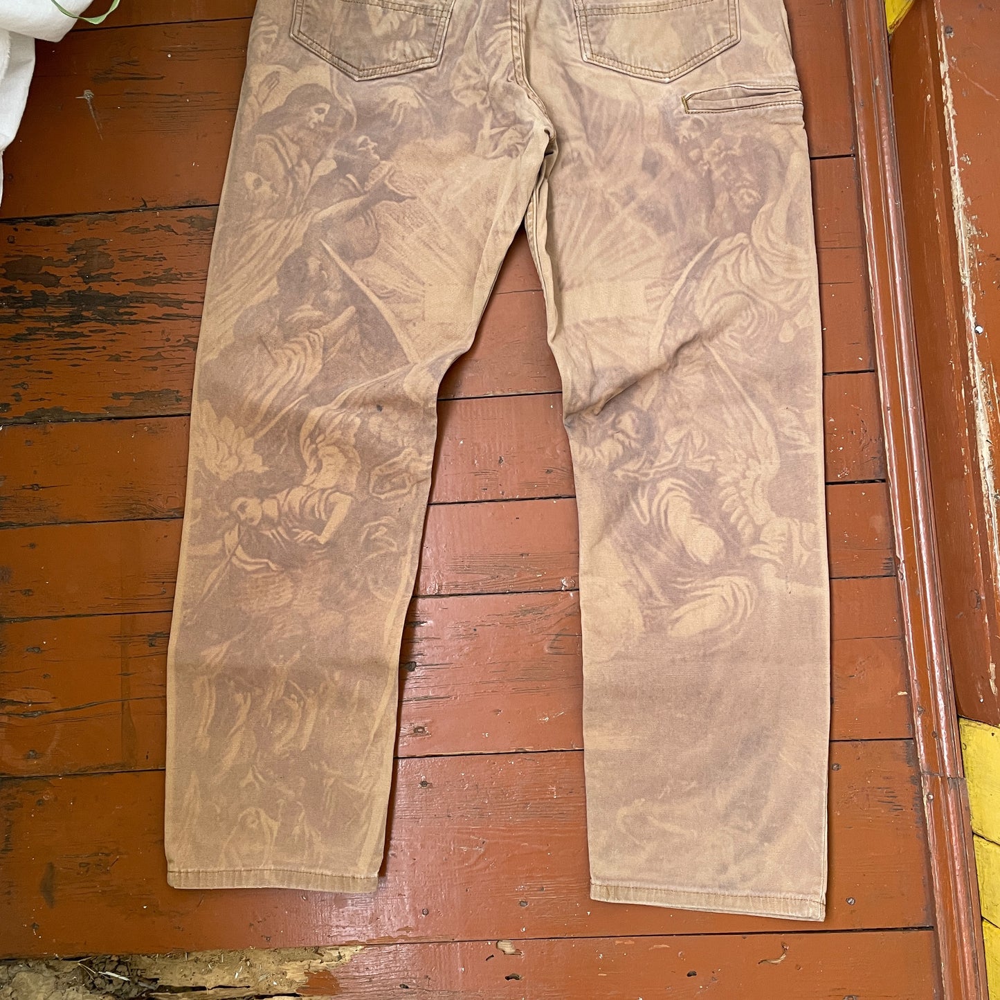 Custom Carhartt Renaissance Pants – Religious Bleached Print | Vintage Canvas 1 of 1