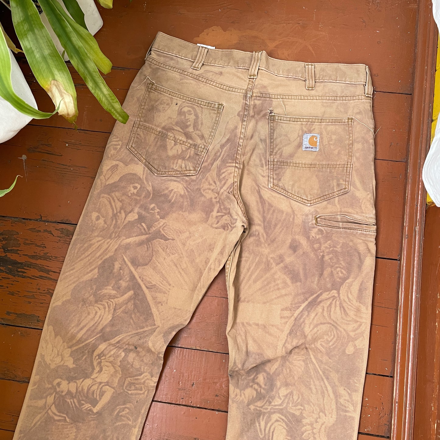 Custom Carhartt Renaissance Pants – Religious Bleached Print | Vintage Canvas 1 of 1