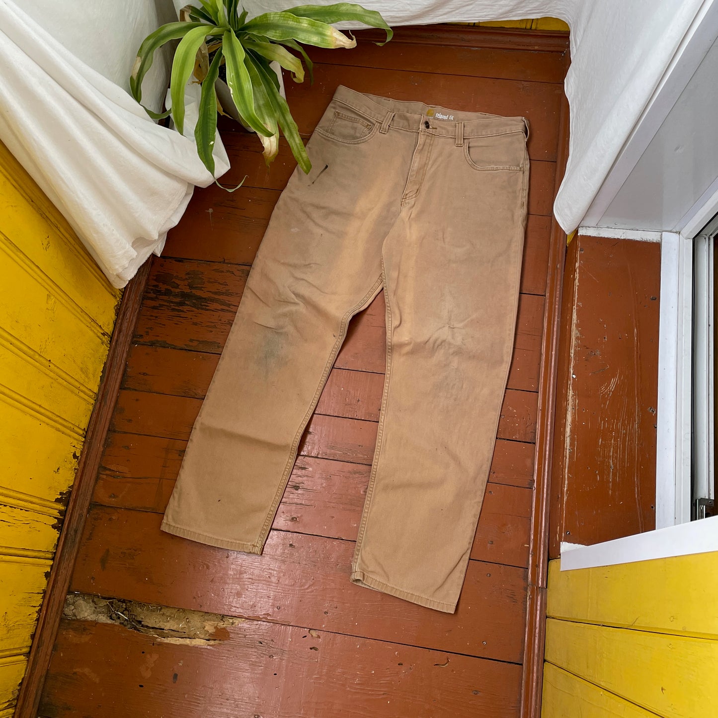 Custom Carhartt Renaissance Pants – Religious Bleached Print | Vintage Canvas 1 of 1