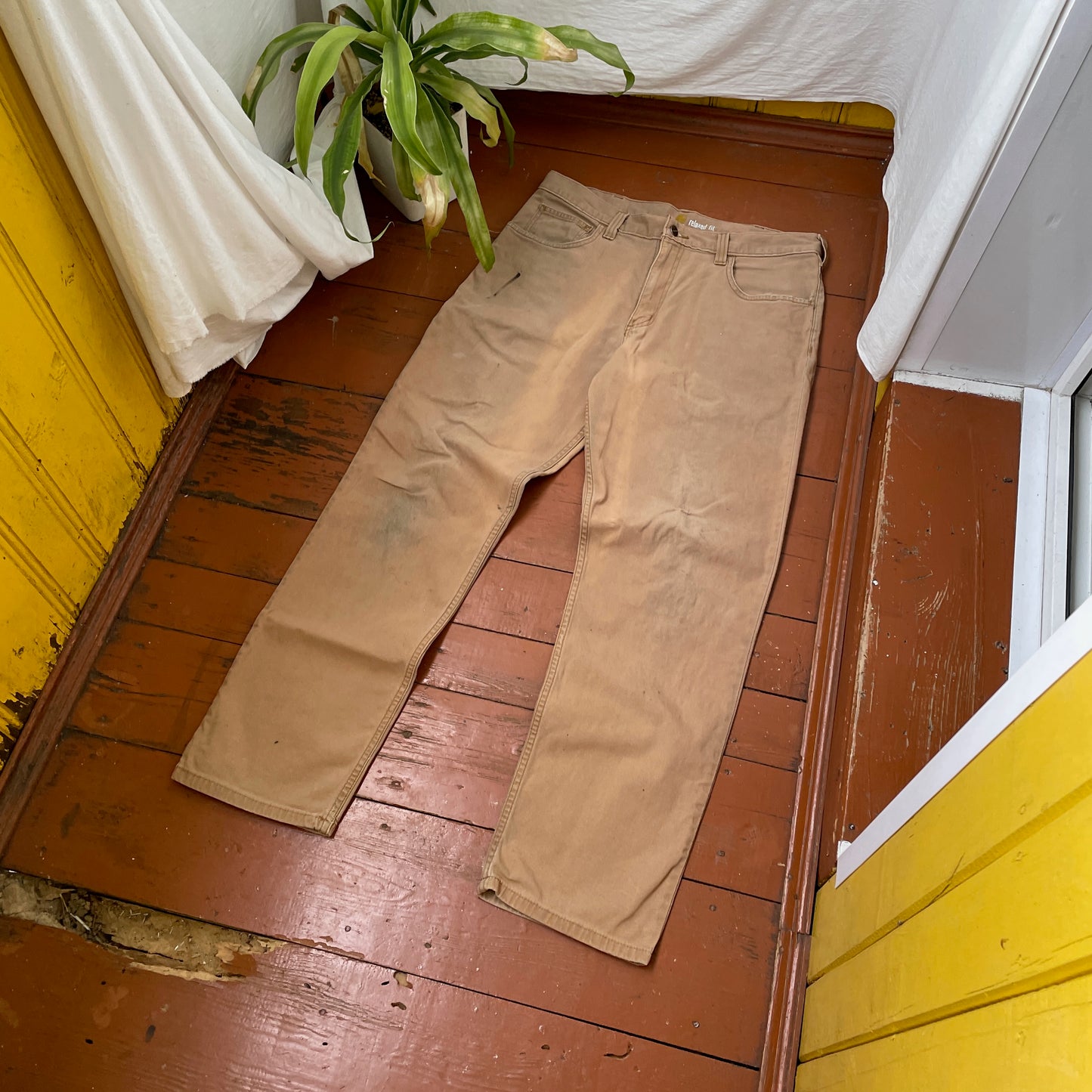 Custom Carhartt Renaissance Pants – Religious Bleached Print | Vintage Canvas 1 of 1