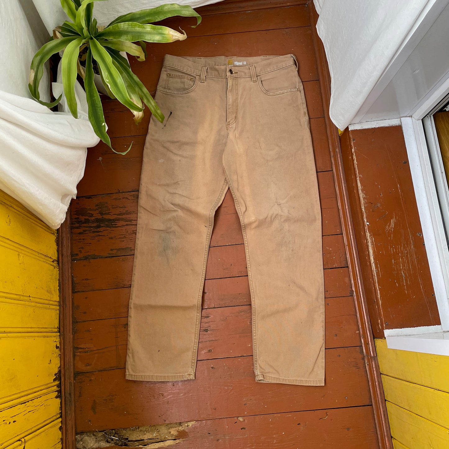 Custom Carhartt Renaissance Pants – Religious Bleached Print | Vintage Canvas 1 of 1