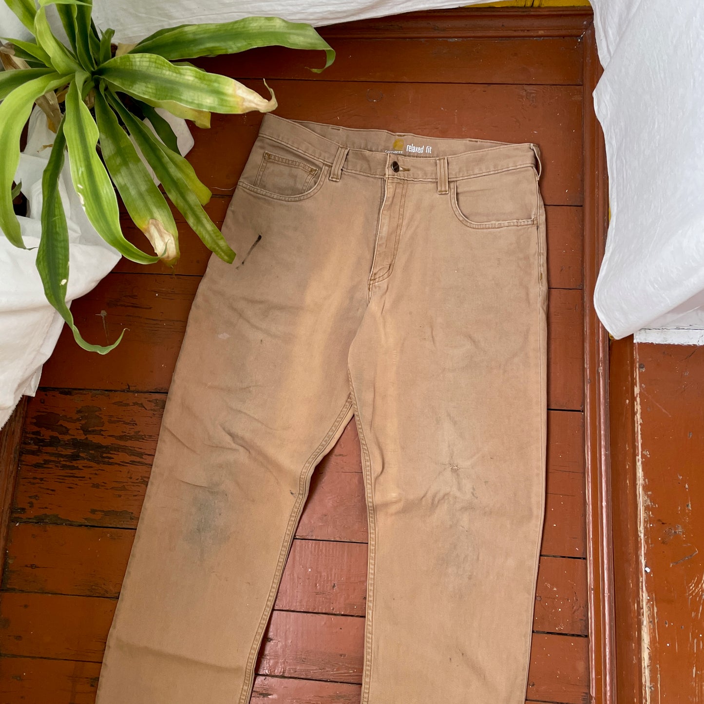 Custom Carhartt Renaissance Pants – Religious Bleached Print | Vintage Canvas 1 of 1