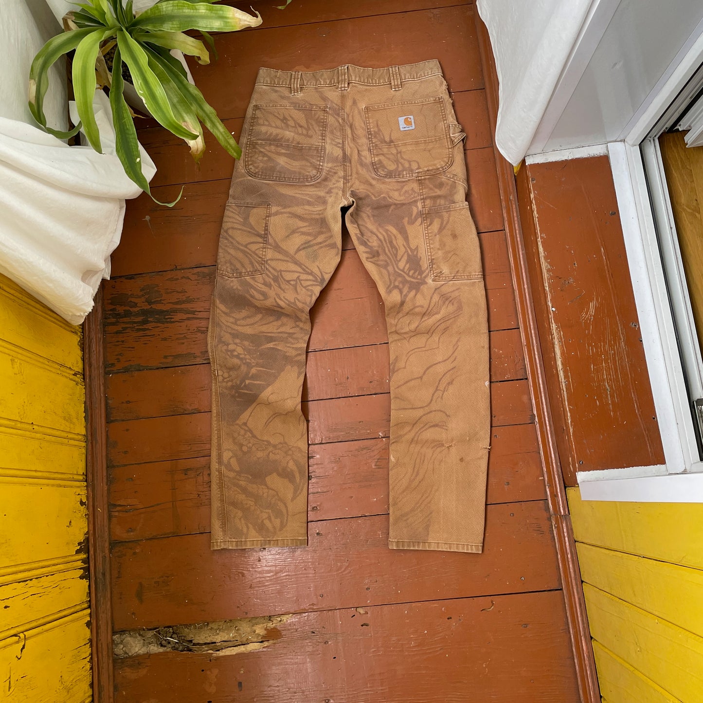 Custom Carhartt Dragon Pants – Faded Dragon Print on Brown Canvas | Vintage Workwear 1 of 1