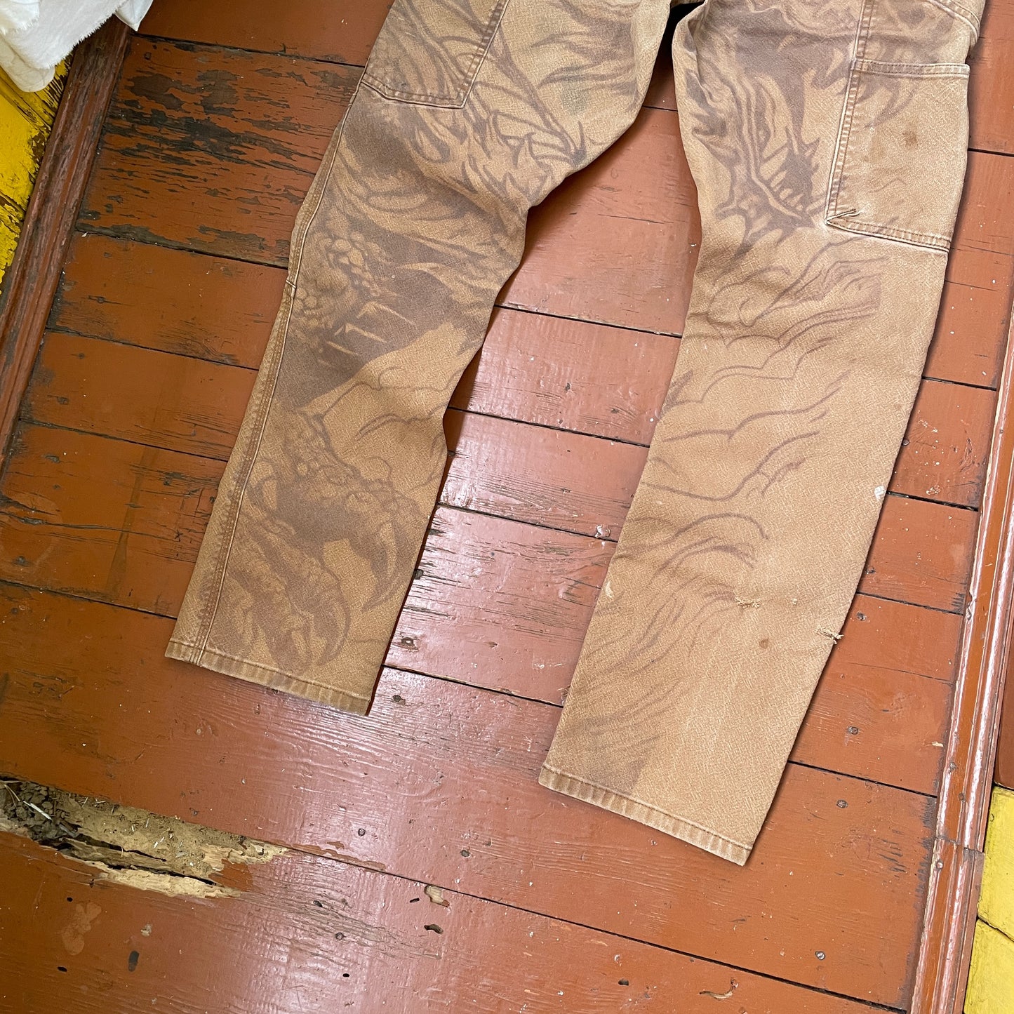 Custom Carhartt Dragon Pants – Faded Dragon Print on Brown Canvas | Vintage Workwear 1 of 1