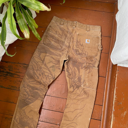 Custom Carhartt Dragon Pants – Faded Dragon Print on Brown Canvas | Vintage Workwear 1 of 1