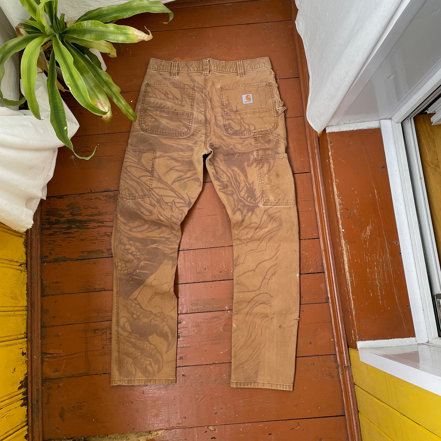 Custom Carhartt Dragon Pants – Faded Dragon Print on Brown Canvas | Vintage Workwear 1 of 1