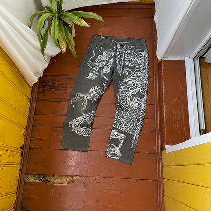Custom Levi’s Dragon Pants – Handprinted White Dragon on Washed Grey Jeans | Vintage 1 of 1