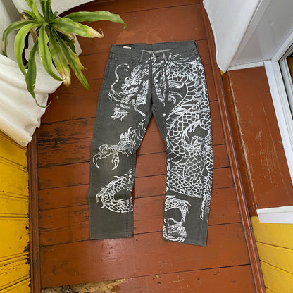 Custom Levi’s Dragon Pants – Handprinted White Dragon on Washed Grey Jeans | Vintage 1 of 1