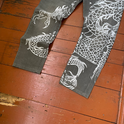 Custom Levi’s Dragon Pants – Handprinted White Dragon on Washed Grey Jeans | Vintage 1 of 1