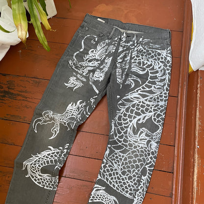 Custom Levi’s Dragon Pants – Handprinted White Dragon on Washed Grey Jeans | Vintage 1 of 1