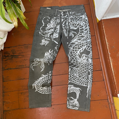Custom Levi’s Dragon Pants – Handprinted White Dragon on Washed Grey Jeans | Vintage 1 of 1