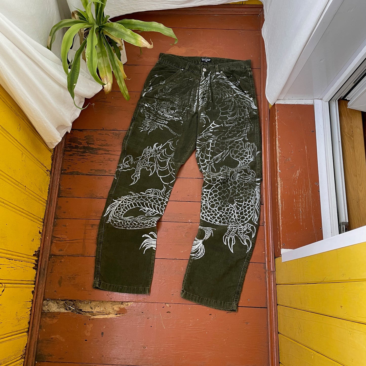 Custom Polo Ralph Lauren Dragon Pants – Handprinted White Dragon on Dark Olive Pants | Vintage Workwear 1 of 1