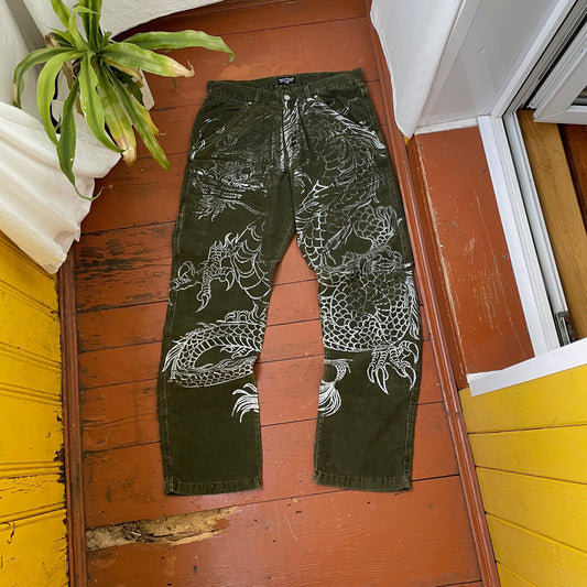 Custom Polo Ralph Lauren Dragon Pants – Handprinted White Dragon on Dark Olive Pants | Vintage Workwear 1 of 1