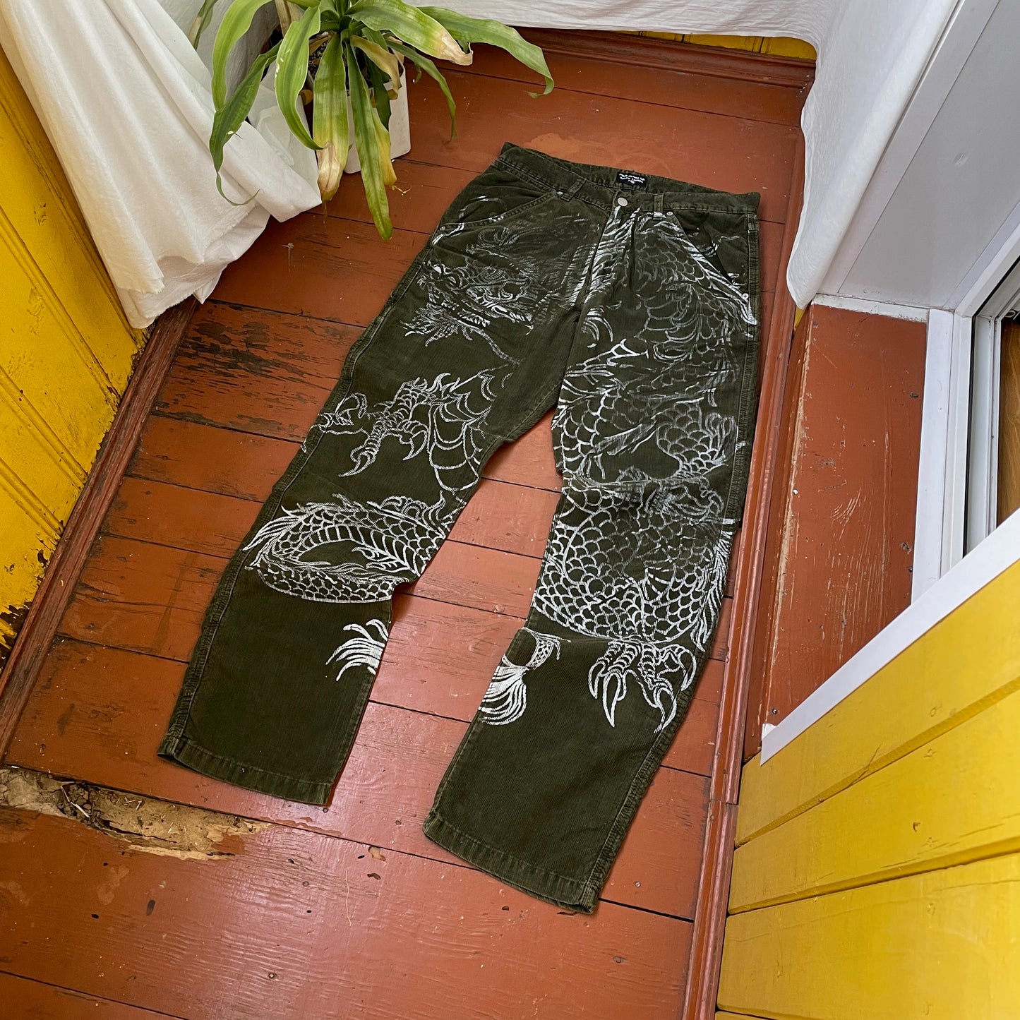 Custom Polo Ralph Lauren Dragon Pants – Handprinted White Dragon on Dark Olive Pants | Vintage Workwear 1 of 1