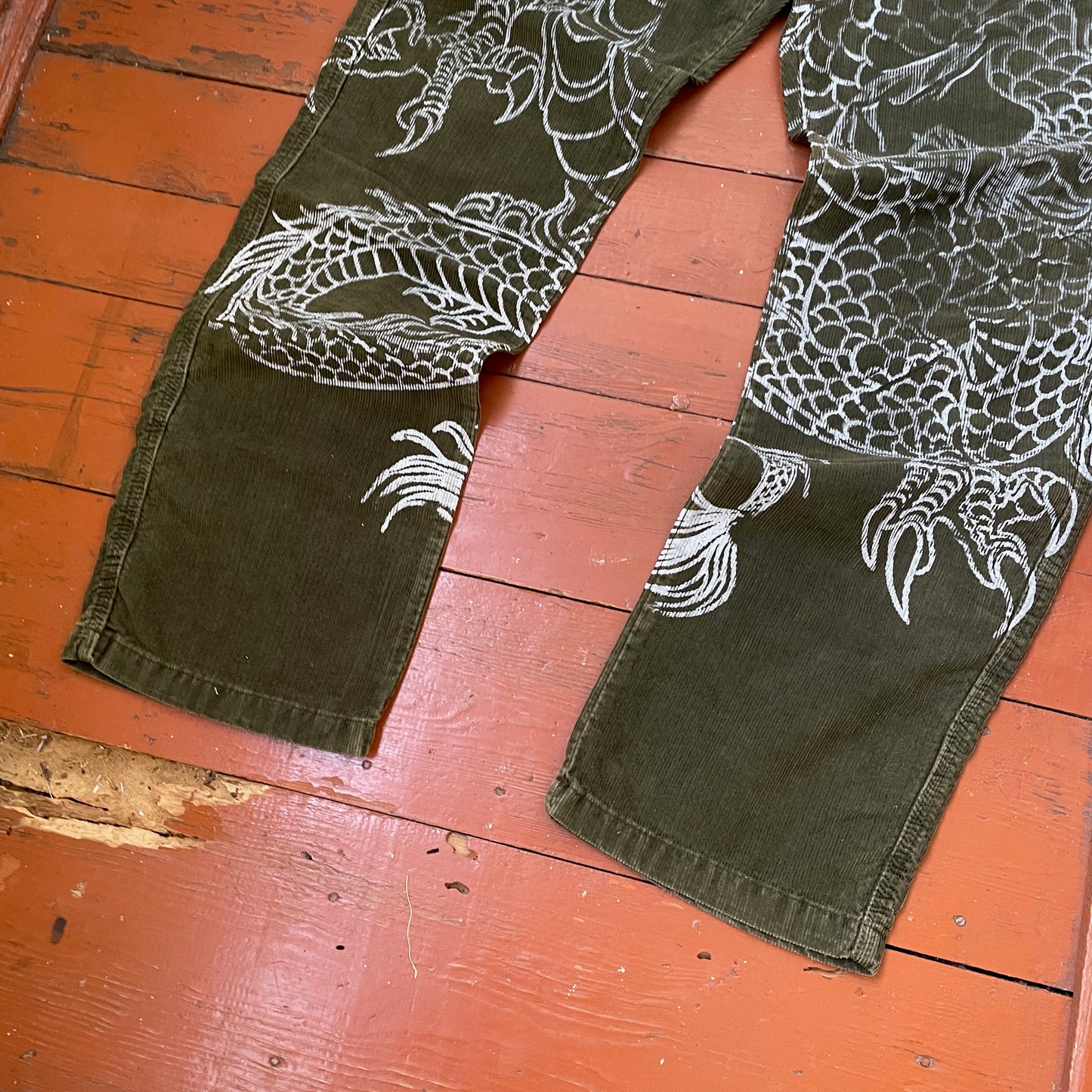 Custom Polo Ralph Lauren Dragon Pants – Handprinted White Dragon on Dark Olive Pants | Vintage Workwear 1 of 1