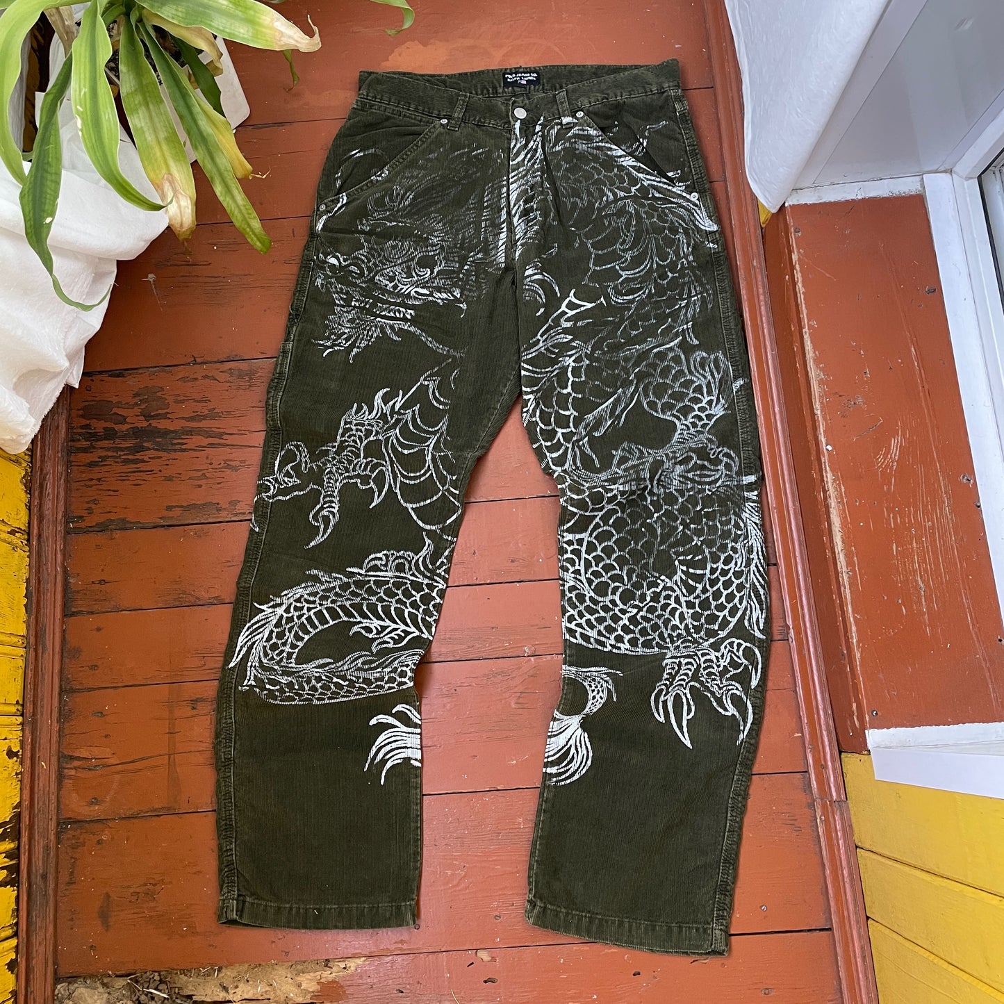 Custom Polo Ralph Lauren Dragon Pants – Handprinted White Dragon on Dark Olive Pants | Vintage Workwear 1 of 1