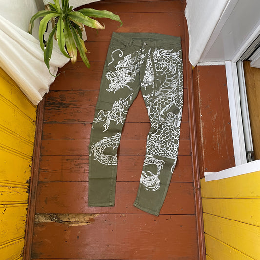 Custom Carhartt Dragon Pants – Handprinted White Dragon on Olive Green Pants | Vintage Workwear 1 of 1
