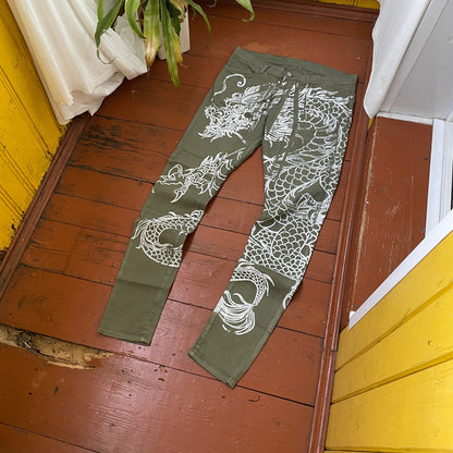 Custom Carhartt Dragon Pants – Handprinted White Dragon on Olive Green Pants | Vintage Workwear 1 of 1