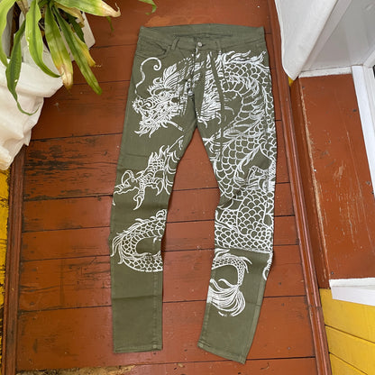 Custom Carhartt Dragon Pants – Handprinted White Dragon on Olive Green Pants | Vintage Workwear 1 of 1