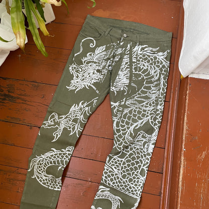 Custom Carhartt Dragon Pants – Handprinted White Dragon on Olive Green Pants | Vintage Workwear 1 of 1