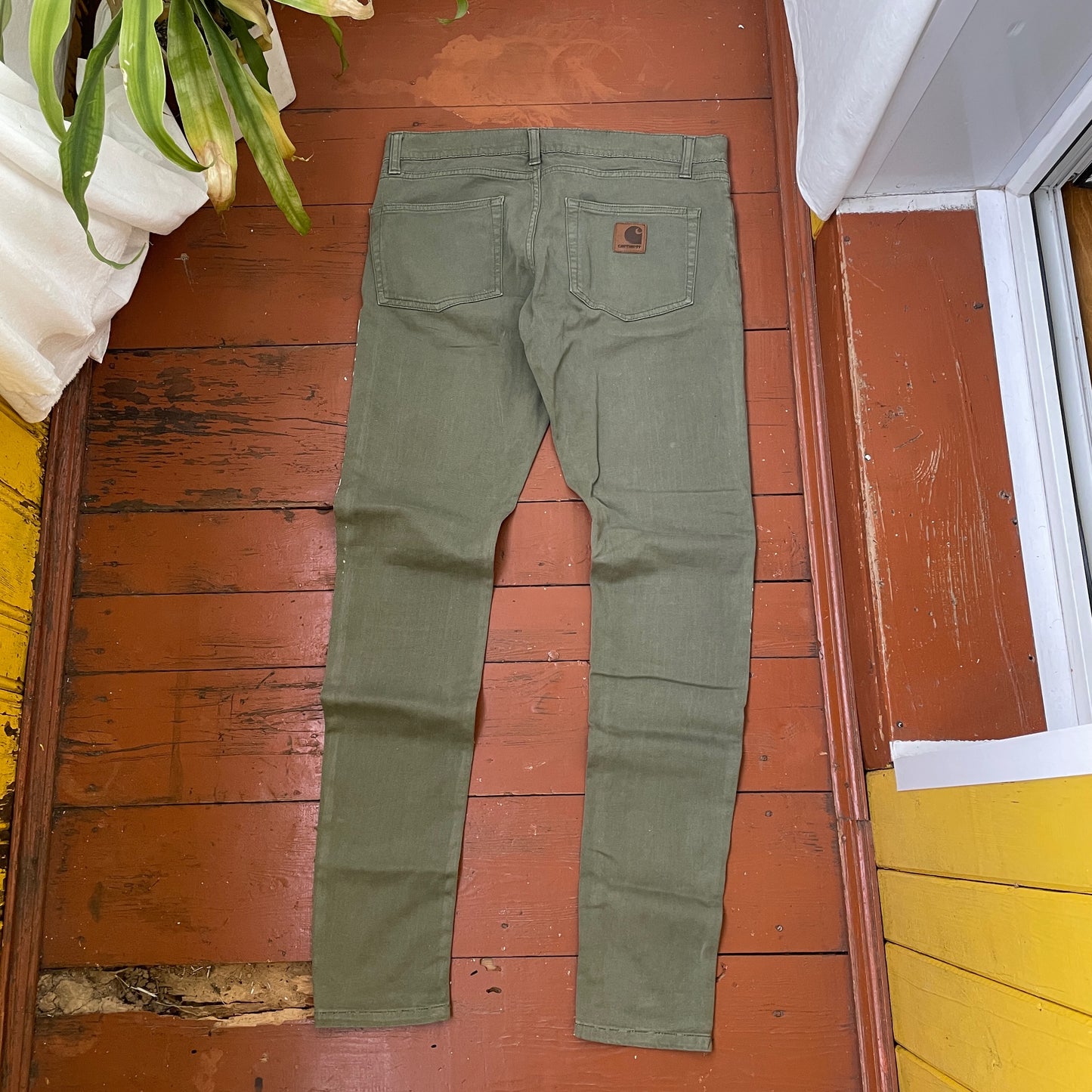 Custom Carhartt Dragon Pants – Handprinted White Dragon on Olive Green Pants | Vintage Workwear 1 of 1