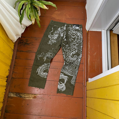 Custom Dickies Dragon Pants – Handprinted White Dragon on Olive Green Canvas | Vintage Workwear 1 of 1